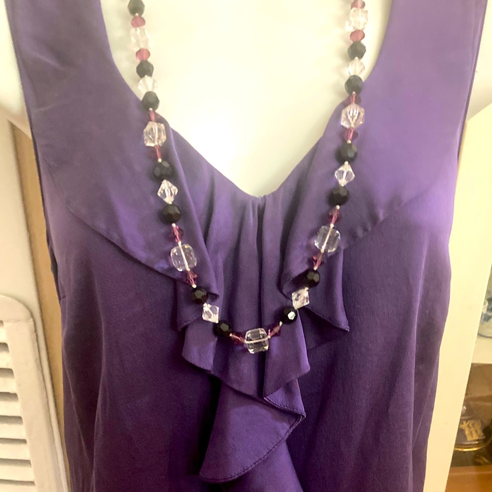 Purple, black and clear crystal necklace, knotted, 30”